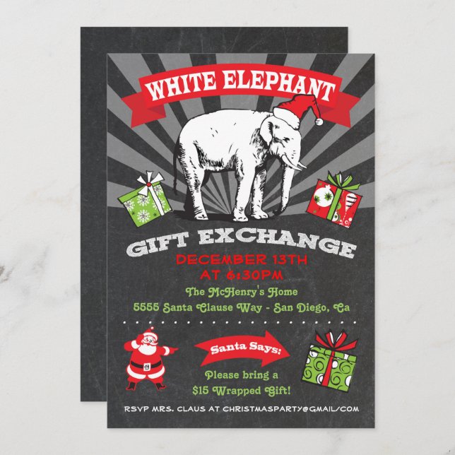 Chalkboard White Elephant Gift Exchange Inviation Invitation (Front/Back)