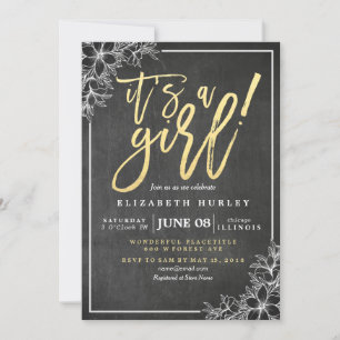 Chalkboard White Floral Gold Script Baby Shower Invitation