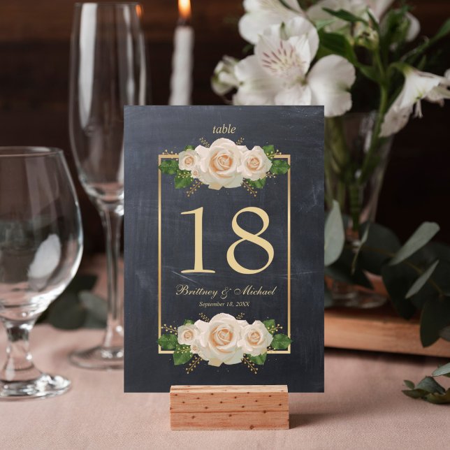Chalkboard White Rose Gold Frame | Table Cards (Elegant rustic chalkboard white rose table number card for your wedding reception decor. )