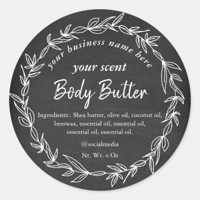 Chalkboard white rustic wreath body butter classic round sticker (Front)