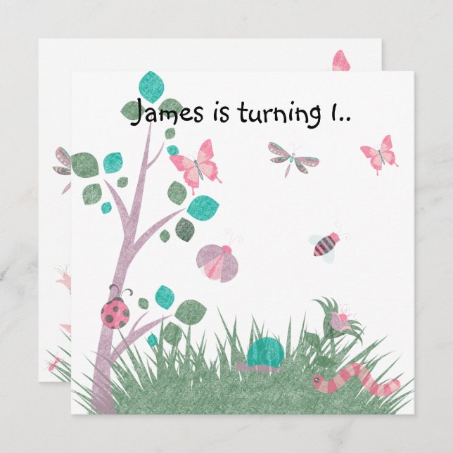 CHALKBOARD WHITE WOODLAND BUG BUTTERFLIES BIRTHDAY INVITATION (Front/Back)