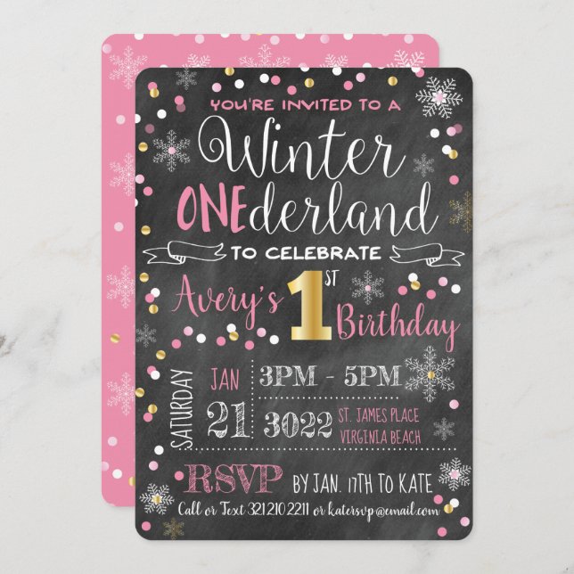 Chalkboard Winter ONE-derland First Birthday Invitation (Front/Back)