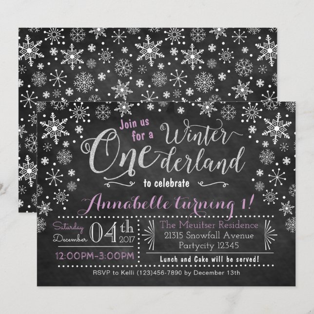 Chalkboard Winter ONEderland Birthday Invitation (Front/Back)