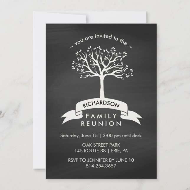 Chalkboard with Banner and Tree Family Reunion Invitation (Front)