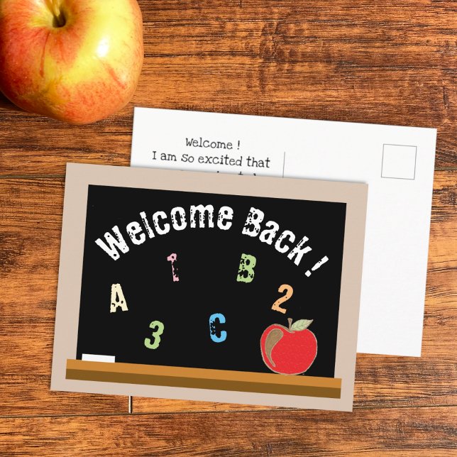 Chalkboard with red apple back-to-school postcard (Chalkboard with red apple back-to-school postcard .)