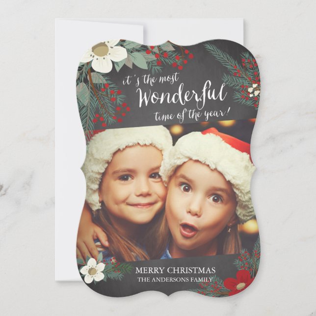 Chalkboard Wonderful Christmas Floral Photo Card (Front)