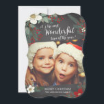 Chalkboard Wonderful Christmas Floral Photo Card<br><div class="desc">Contemporary christmas photo card featuring a bracket die-cut shape with pretty white & red flowers,  pine branches & berries set on a modern chalkboard background.</div>
