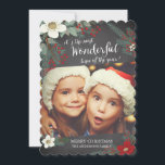 Chalkboard Wonderful Christmas Floral Photo Card<br><div class="desc">Contemporary christmas photo card featuring a bracket die-cut shape with pretty white & red flowers,  pine branches & berries set on a modern chalkboard background.</div>