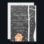 Chalkboard wonderland rustic winter baby shower invitation<br><div class="desc">Rustic country style baby shower winter chic elegant invitation template with a gingerbread house, falling snow and birch trees wonderland landscape on dark grey charcoal chalkboard background. Fill in your information in the spots, You can choose to customise it further changing fonts and colours of lettering. ---- The invitation is...</div>