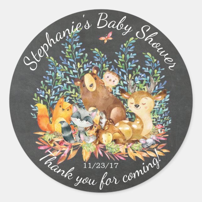 Chalkboard Woodland Baby Shower Favour Sticker (Front)