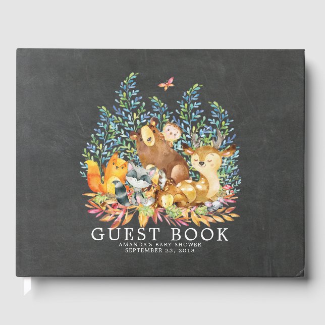 Chalkboard Woodland Baby Shower Guest Book (Front)