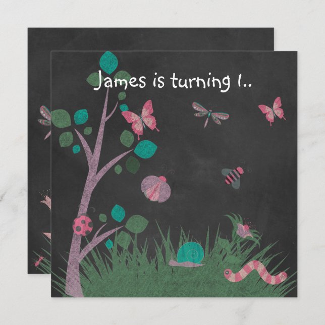 CHALKBOARD WOODLAND BUG BUTTERFLIES BIRTHDAY INVITATION (Front/Back)