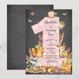 Chalkboard Woodland One Girls Birthday Invitation