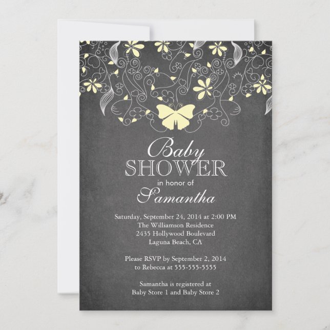Chalkboard  Yellow Butterfly Neutral Baby Shower Invitation (Front)