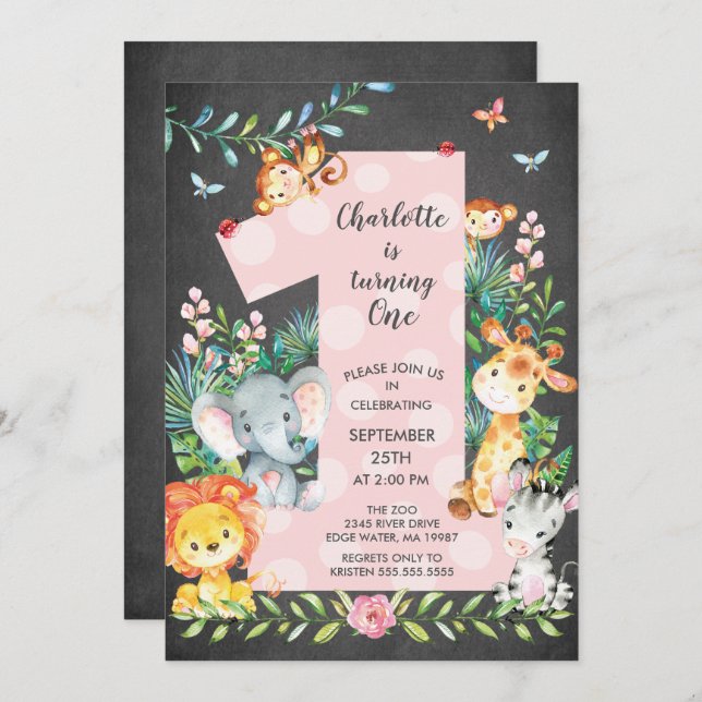 ChalkboardJungle Big One Girls Birthday Invitation (Front/Back)