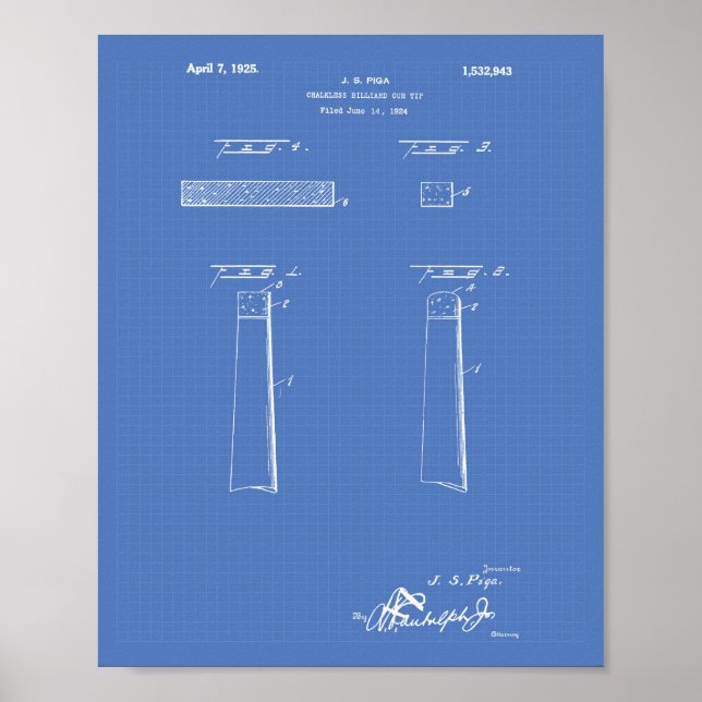 Chalkless Billiard Cue Tip 1925 - Blueprint Poster (Front)