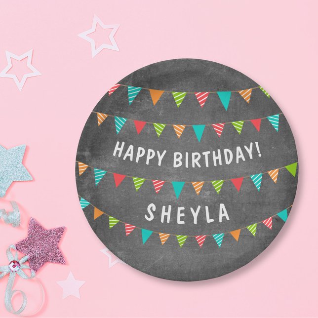 Chalkoard Bunting Flag Name Birthday Party Paper Plate (Creator Uploaded)