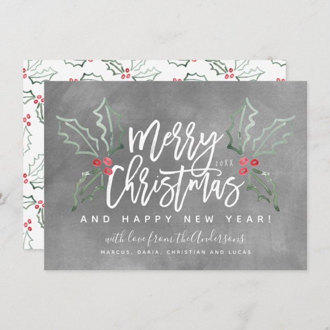 Chalky Brush Script Christmas Hollies Holiday Card (Front/Back)