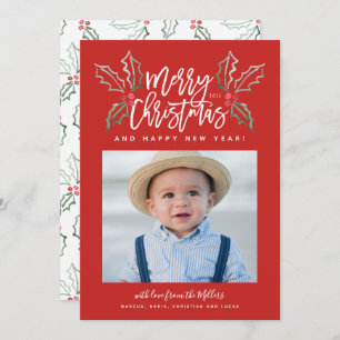 Chalky Brush Script Christmas Hollies Photo Red Holiday Card