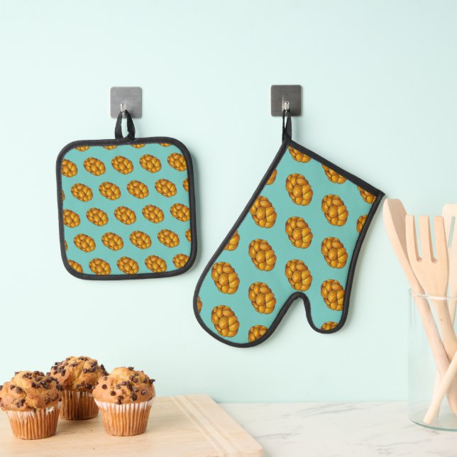 Challah Bread Loaf Jewish Bakery Hanukkah Holiday Oven Mitt & Pot Holder Set (Insitu(Hanging))