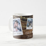 Challah Days La La La Christmas   Hanukkah Photo Coffee Mug<br><div class="desc">"Challah La La La" is one of our series of photo-fun holiday designs. It's about Hanukkah, but also about inclusion of other celebrations, in a fun, light way. It features white handwriting chalk-styled typography and a rustic wood backdrop with strings of twinkling lights, plus a cute Christmas tree topped with...</div>