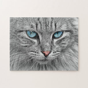 Challenging Grey Tabby Cat with Blue Eyes Jigsaw Puzzle
