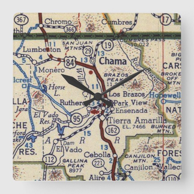 Chama New Mexico Vintage Map Square Wall Clock (Front)