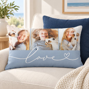 Chambray Blue Love Heart Script 3 Photo Lumbar Cushion