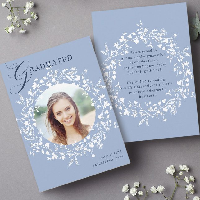 Chambray Blue White Wildflower Wreath Graduation Announcement (Front & Back)