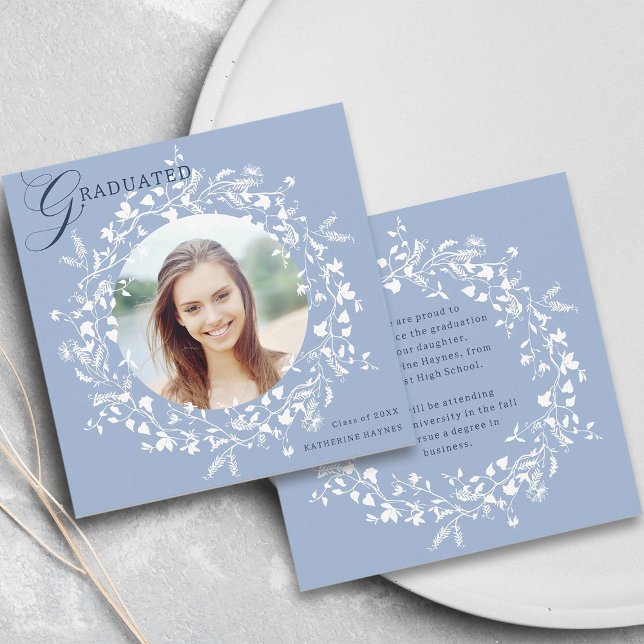 Chambray Blue White Wildflower Wreath Graduation Announcement (Front & Back)