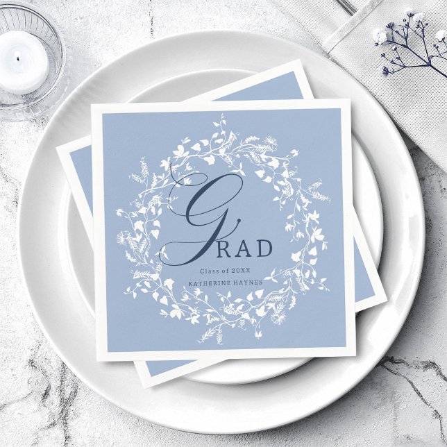Chambray Blue White Wildflower Wreath Graduation  Napkin (Creator Uploaded)