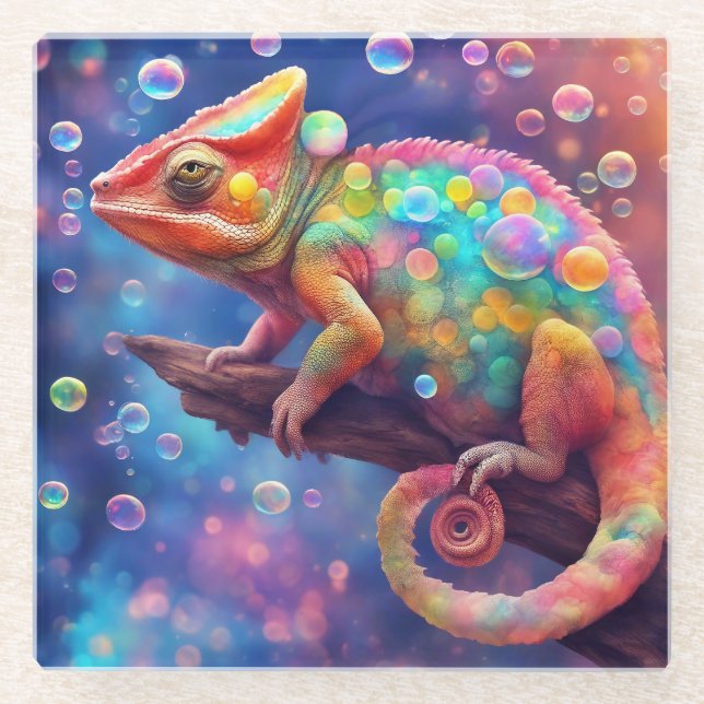 Chameleon 2 bubbles glass coaster (Front)