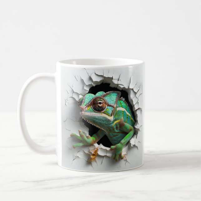 Chameleon Emerging From White Wall With 3D Effect Coffee Mug (Left)