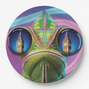 Chameleon Eye Reflection of Big Ben in Neon Lights Paper Plate