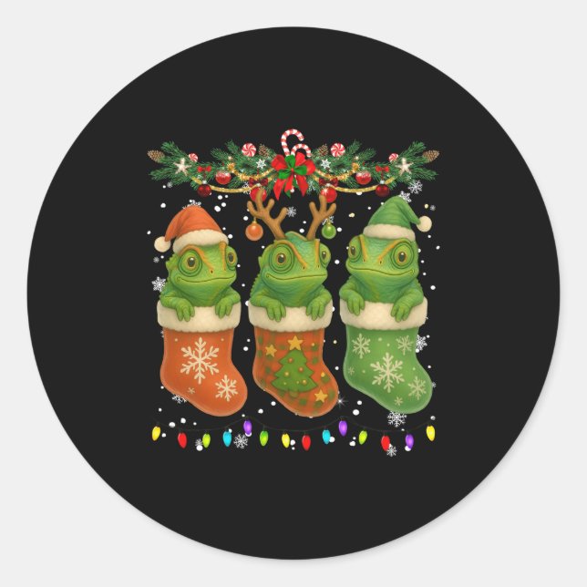 Chameleon In Christmas Socks Lights Chameleon Xmas Classic Round Sticker (Front)