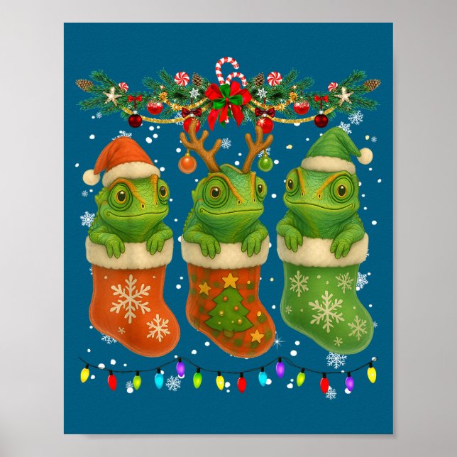 Chameleon In Christmas Socks Lights Chameleon Xmas Poster (Front)