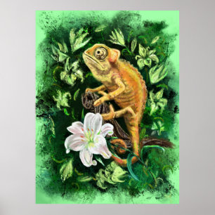 Chameleon In Leaves Green Poster - Painting