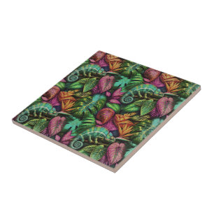Chameleon Jungle Dreams Seamless Surface Pattern Ceramic Tile