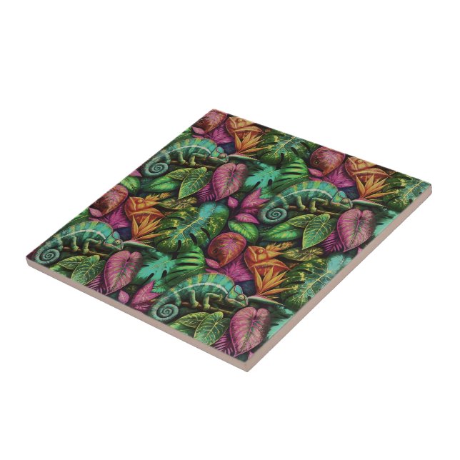 Chameleon Jungle Dreams Seamless Surface Pattern Ceramic Tile (Side)