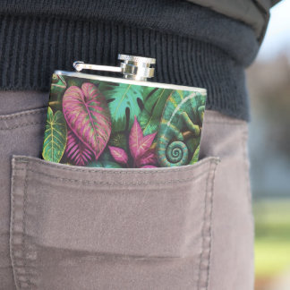 Chameleon Jungle Dreams Seamless Surface Pattern Hip Flask