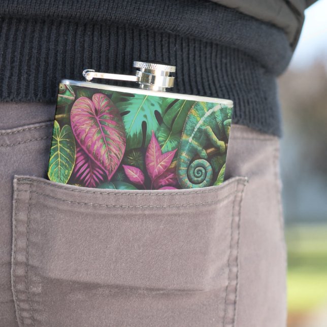 Chameleon Jungle Dreams Seamless Surface Pattern Hip Flask (In Situ)