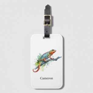 chameleon on a branch watercolor, customisable luggage tag