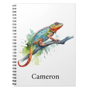 chameleon on a branch watercolor, customisable notebook