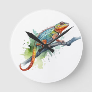 chameleon on a branch watercolor vibrant colours round clock