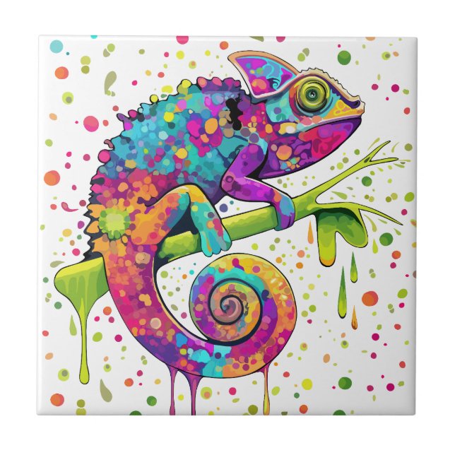 Chameleon Paint Stains Watercolor Style Ceramic Tile (Front)