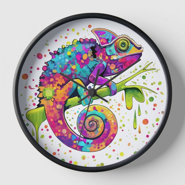 Chameleon Paint Stains Watercolor Style Clock (Front)