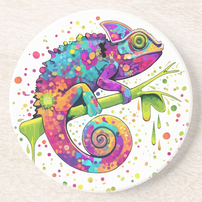 Chameleon Paint Stains Watercolor Style Coaster (Front)