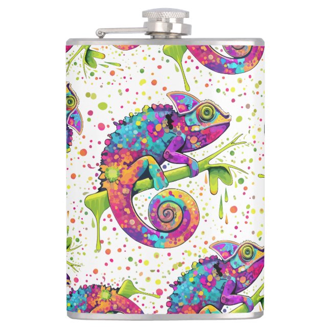 Chameleon Paint Stains Watercolor Style Hip Flask (Front)