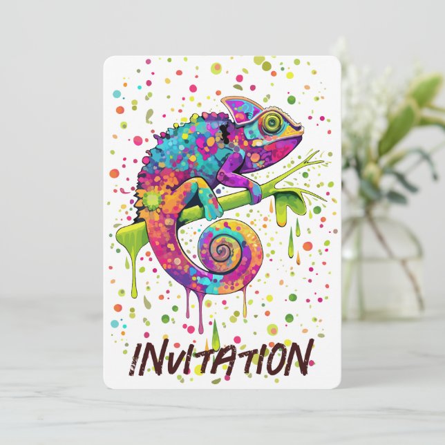 Chameleon Paint Stains Watercolor Style Invitation (Standing Front)