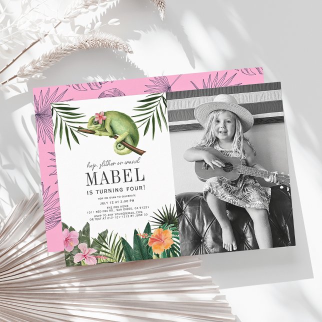 Chameleon Reptile Girl White Birthday Photo Invitation (Creator Uploaded)